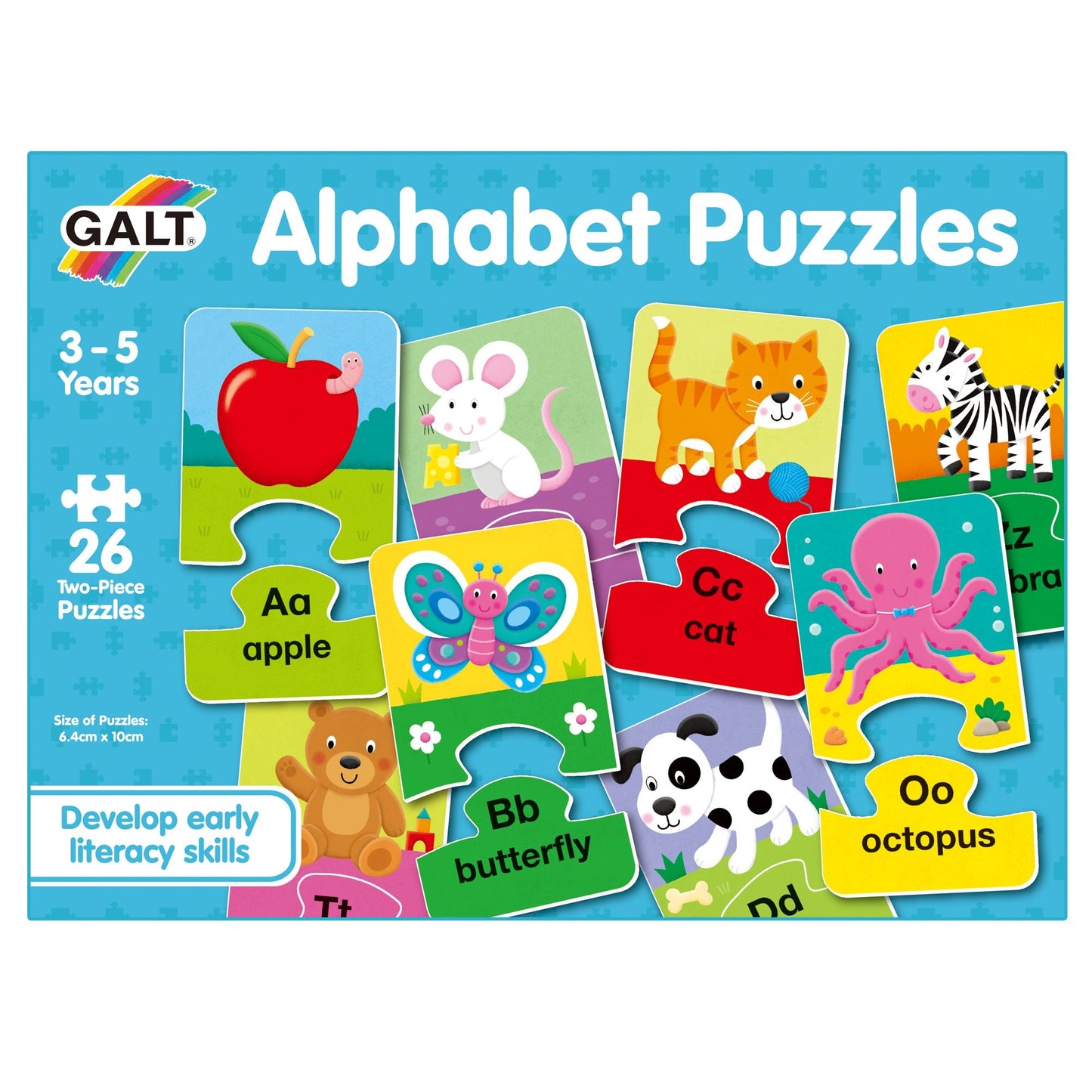Box for Galt Alphabet Puzzles, featuring colourful examples of two-piece learning cards matching letters to pictures (apple, cat, octopus)
