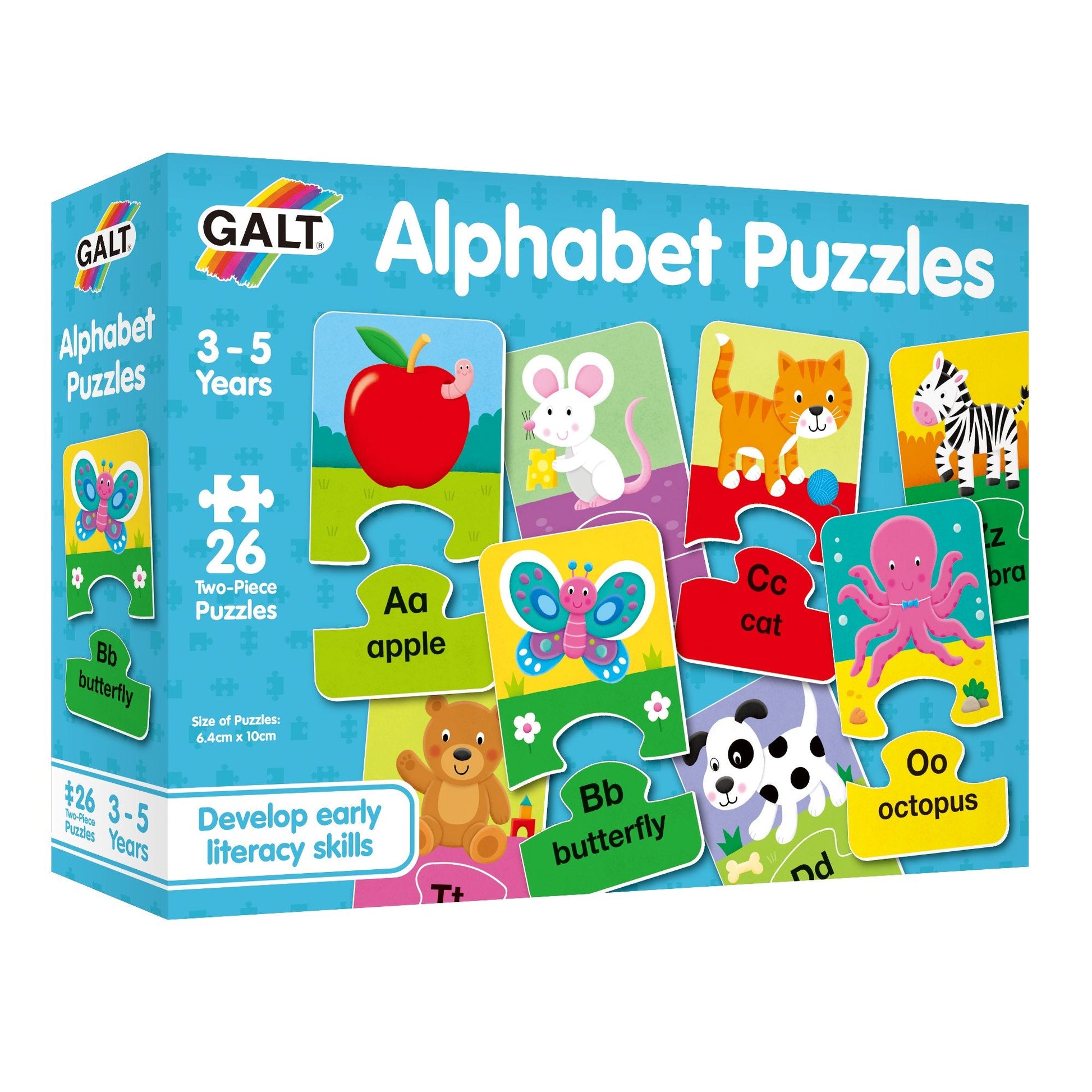 GALT Alphabet Puzzles box. Colourful two-piece puzzles match letters (Aa, Cc, Oo) to corresponding animals and objects