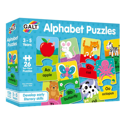 GALT Alphabet Puzzles box. Colourful two-piece puzzles match letters (Aa, Cc, Oo) to corresponding animals and objects