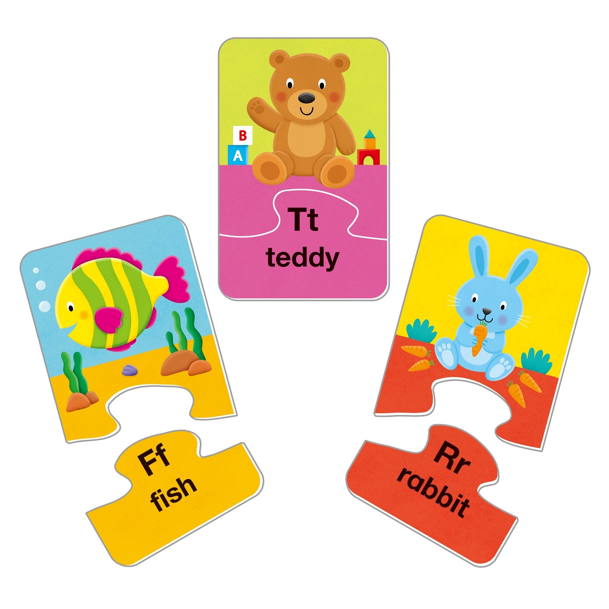 Three colourful Galt alphabet puzzle pieces showing illustrations of a teddy bear (Tt), fish (Ff), and rabbit (Rr)