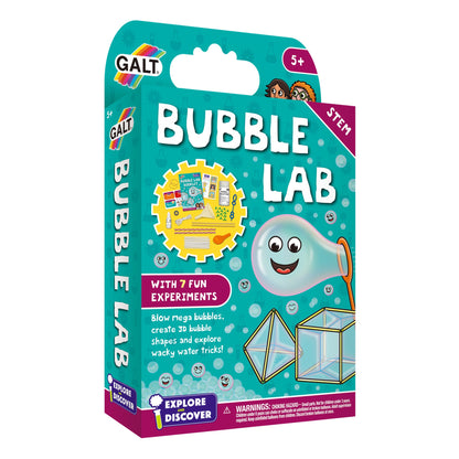 Galt Bubble Lab STEM kit packaging (5+) showing bubble solution, wands, and shapes for 7 fun experiments