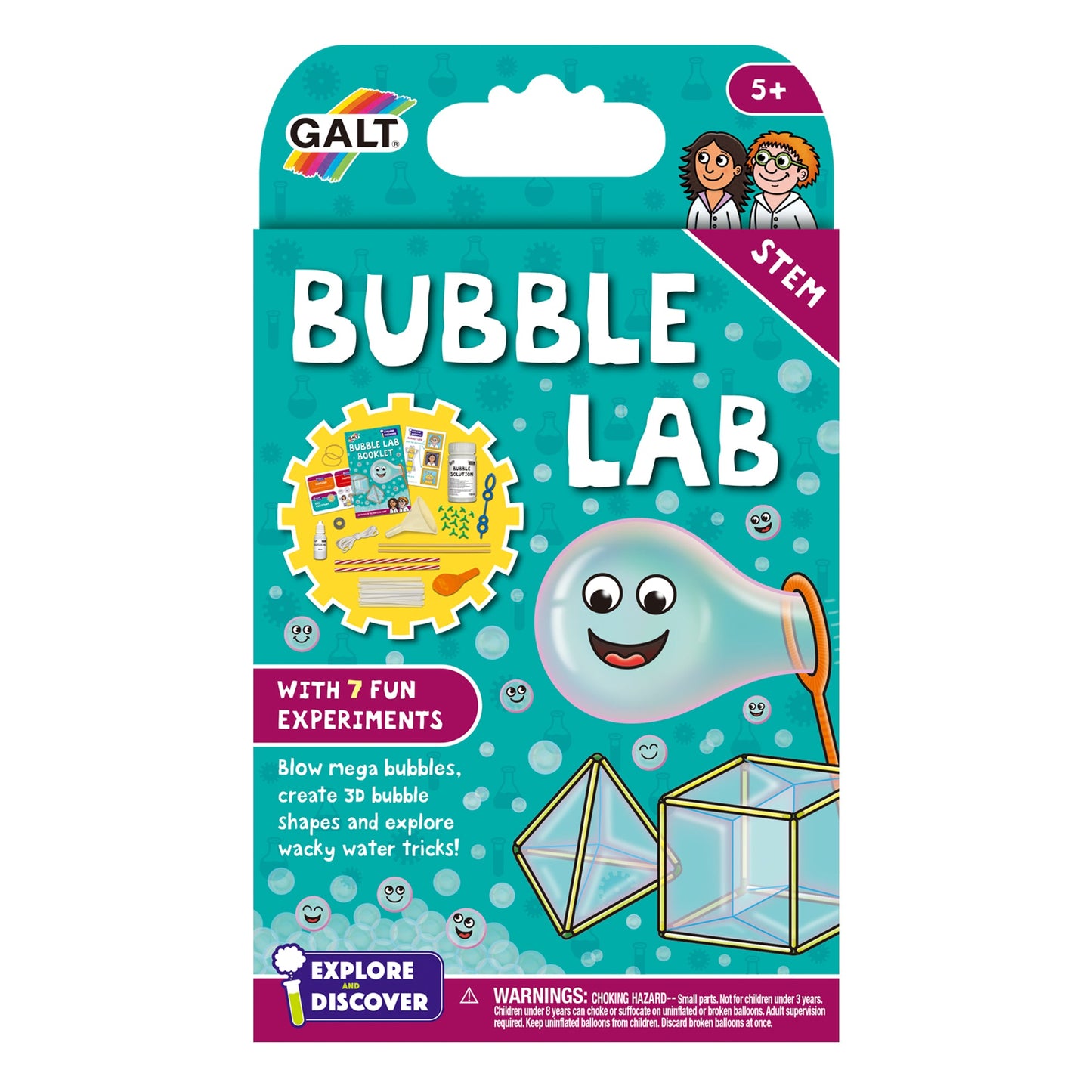 GALT Bubble Lab STEM kit packaging with 7 experiments, showing materials and 3D geometric bubble forms