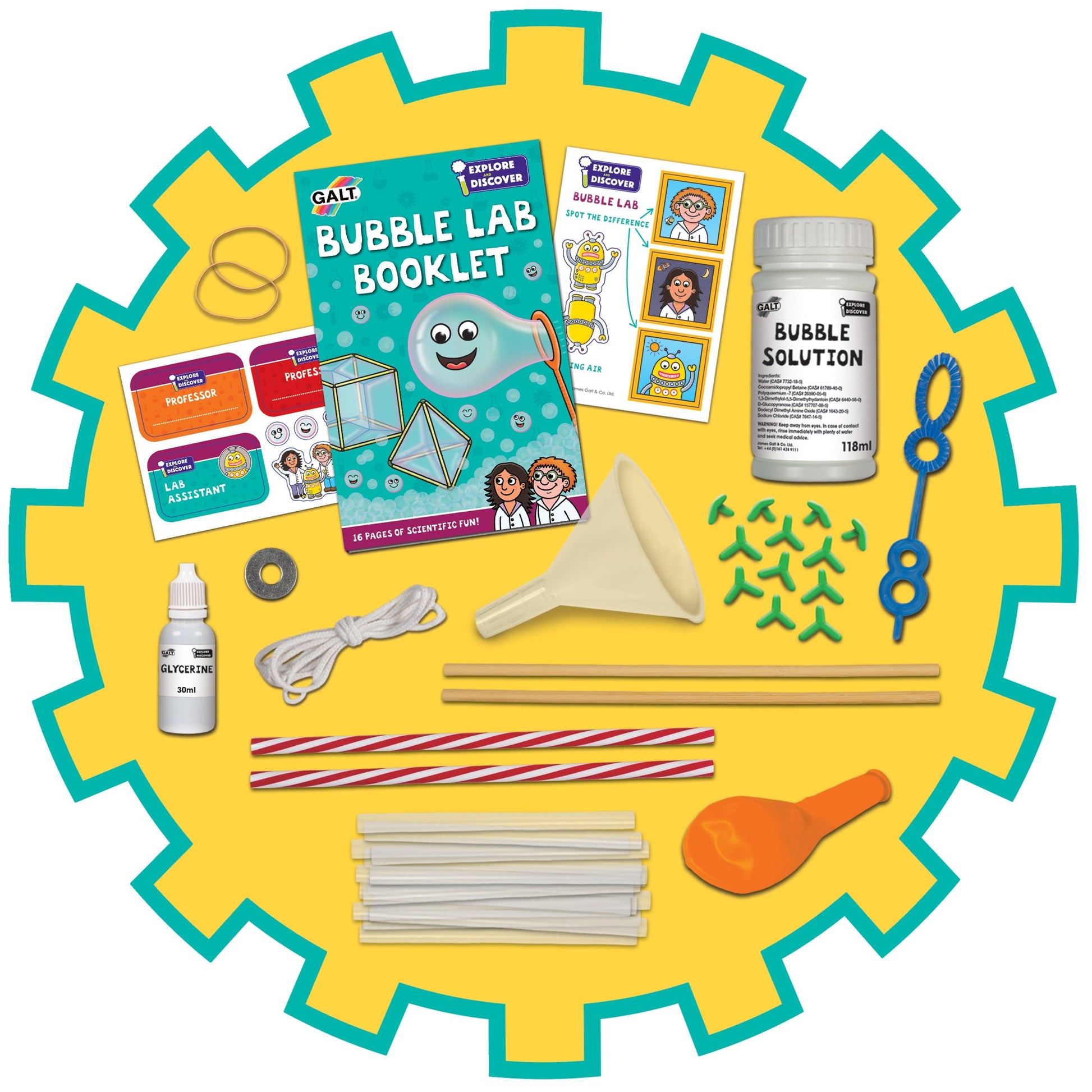 Galt Explore & Discover Bubble Lab science kit, showing bubble solution, glycerin, booklet, straws, and connectors