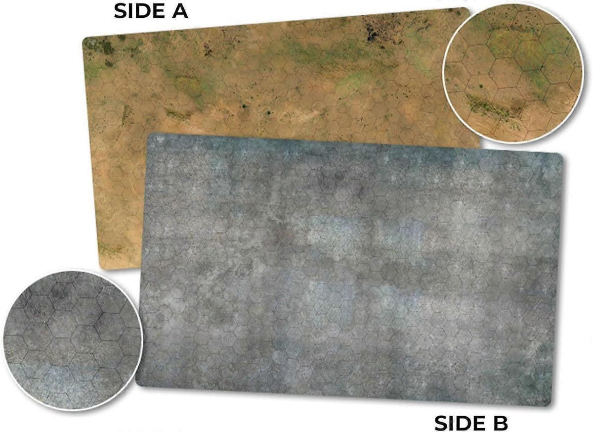 Side A shows desert terrain, Side B shows grey rocky terrain, with close-ups