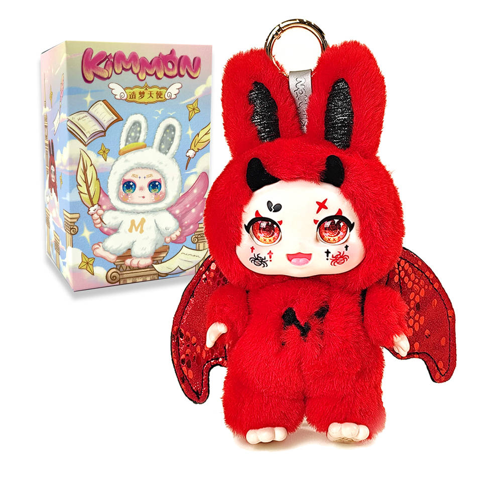 Kimmon plush toy: red devil bunny keychain with wings and face tattoos, displayed with the box art