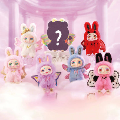 Six colourful, fuzzy winged blind box dolls (bunny suit figures) and one mystery silhouette in a dreamy pink setting