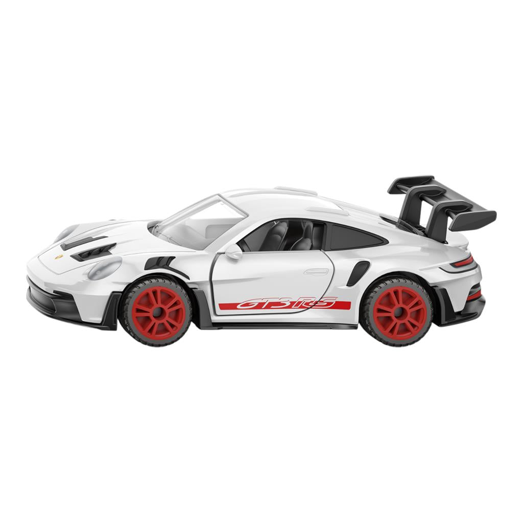 Die-cast model of a white Porsche GT3 RS with red wheels and a large black rear wing