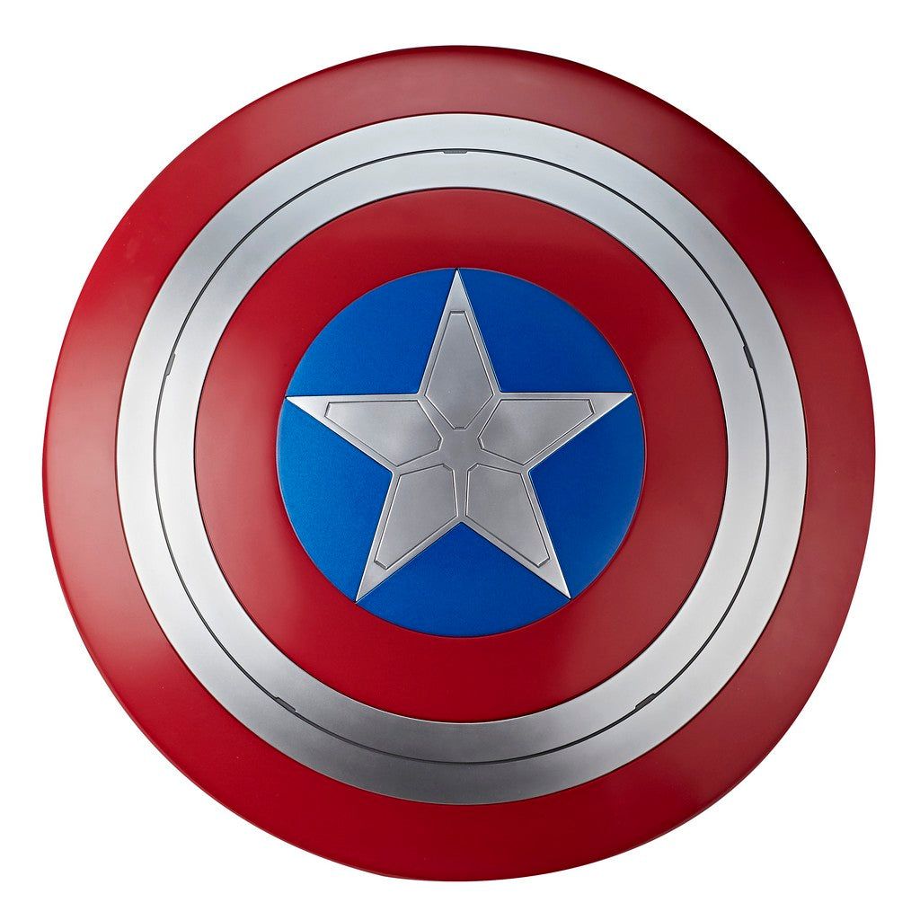 Captain America's iconic red -  silver -  and blue shield featuring a prominent silver star