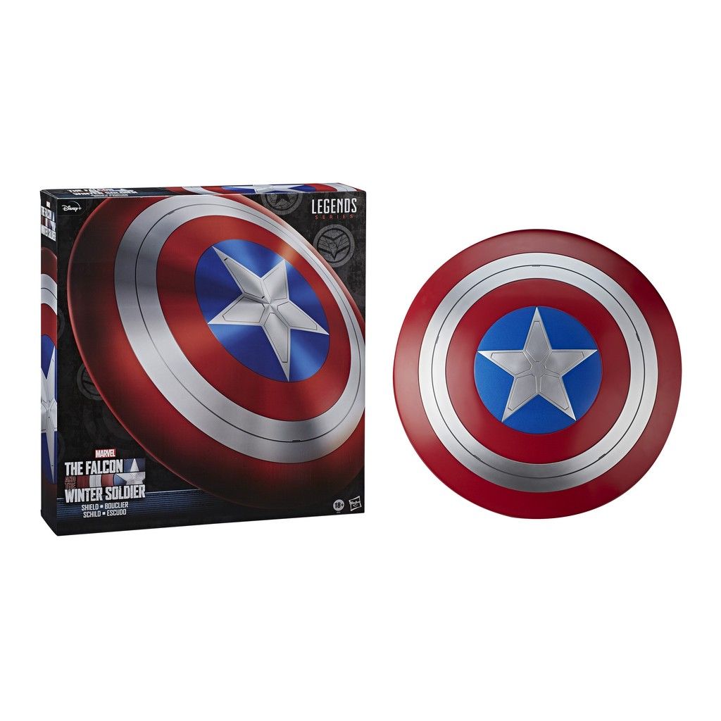 Marvel Legends Captain America shield replica (red -  silver -  blue) shown with its 'Falcon and Winter Soldier' box