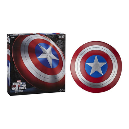 Marvel Legends Captain America shield replica (red -  silver -  blue) shown with its 'Falcon and Winter Soldier' box