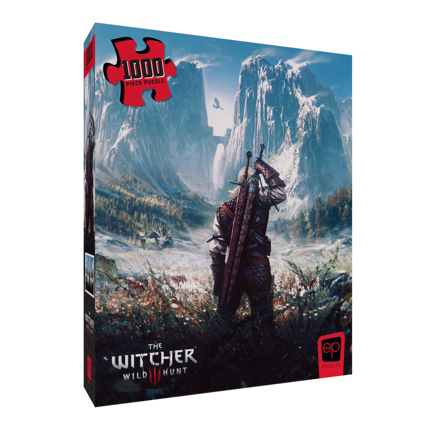 A Witcher Wild Hunt 1000-piece puzzle box showing Geralt, sword on back, viewing a vast, snowy mountain landscape