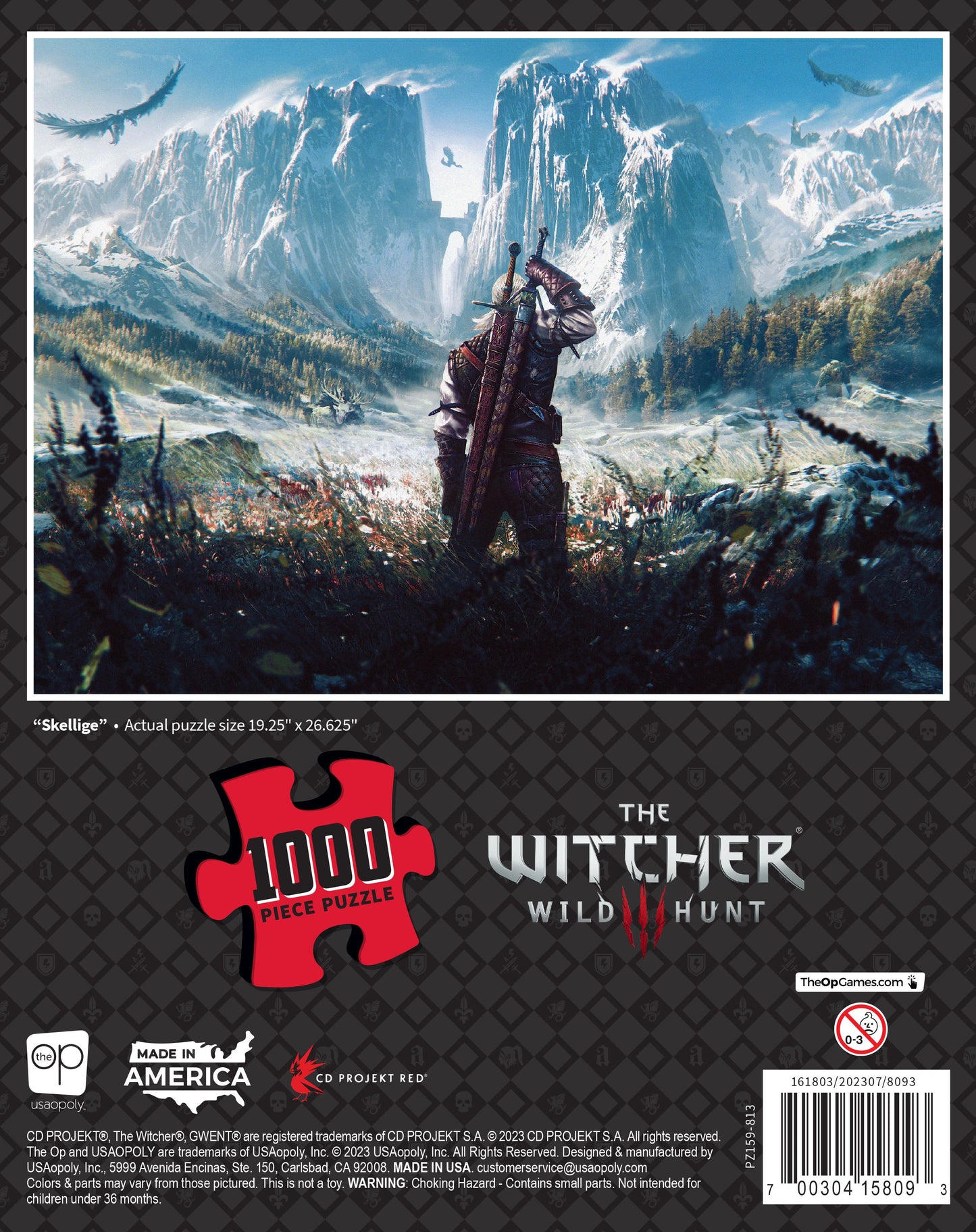 Back cover of A Witcher Wild Hunt 1000-piece puzzle box: A white-haired warrior with two swords on his back faces vast, snowy mountains with flying birds