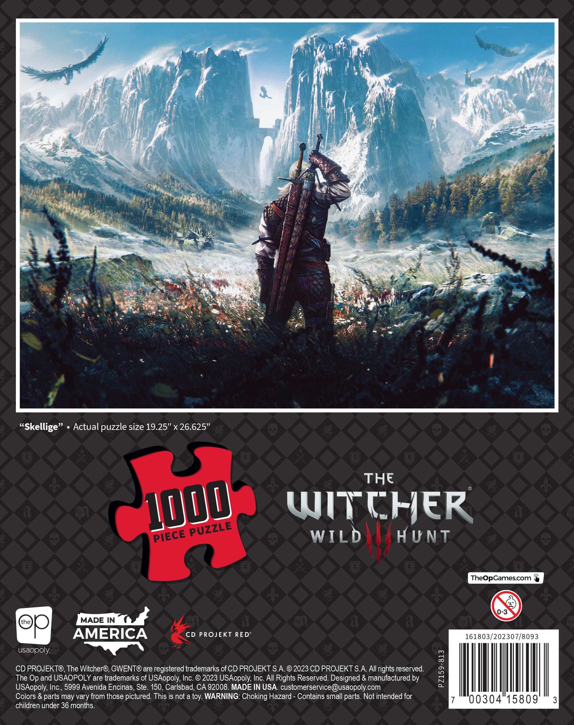 Back cover of A Witcher Wild Hunt 1000-piece puzzle box: A white-haired warrior with two swords on his back faces vast, snowy mountains with flying birds