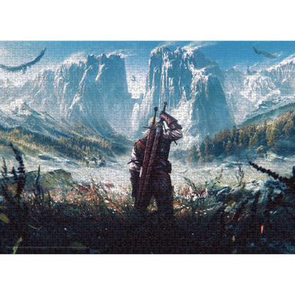 Completed Puzzle showing Geralt, with swords on his back, gazes at snowy mountains where winged creatures fly