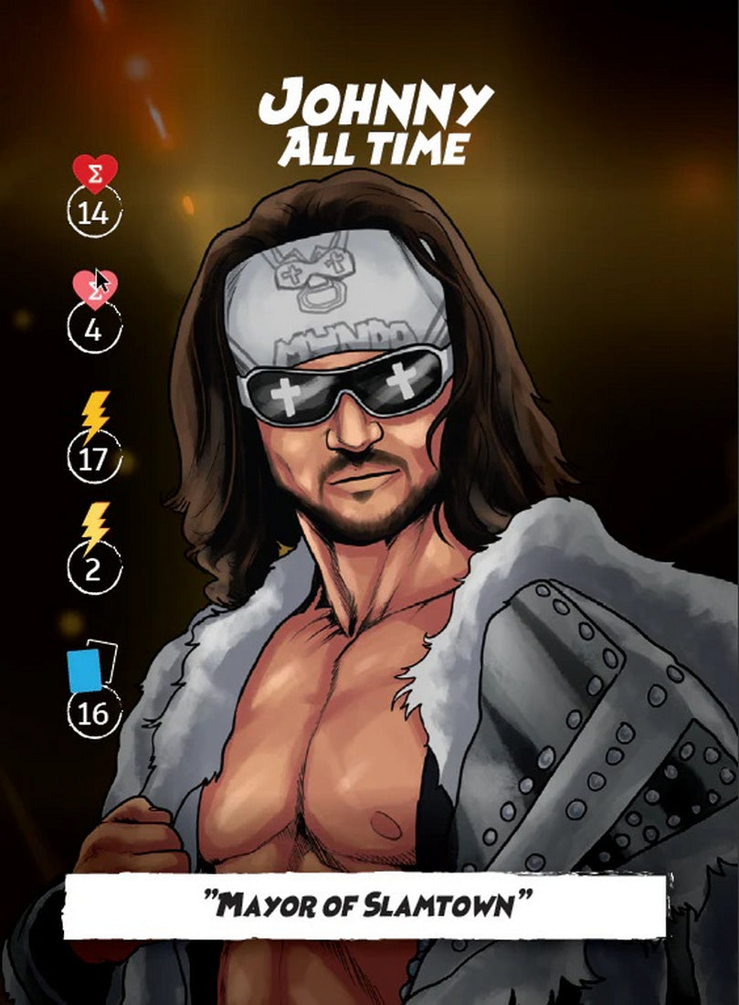 Cartoon portrait of Johnny All Time: bare-chested man with sunglasses, bandana, and fur-trimmed coat, displaying game stats