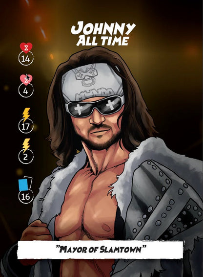 Cartoon portrait of Johnny All Time: bare-chested man with sunglasses, bandana, and fur-trimmed coat, displaying game stats