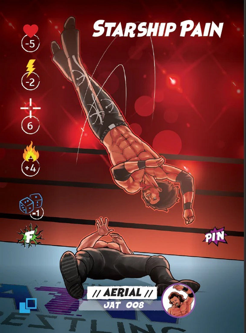 Stylized wrestling card art showing a fighter executing an aerial flip onto a prone opponent in the ring