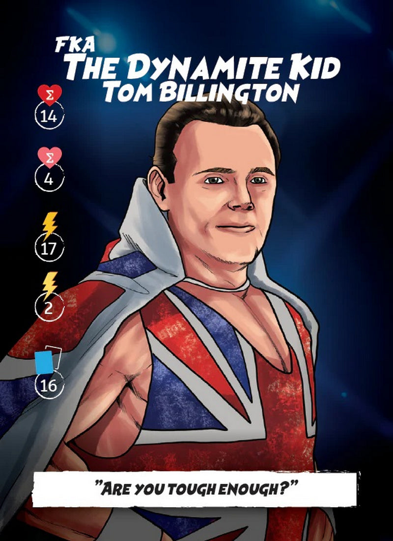 Illustration of wrestler Tom Billington, The Dynamite Kid, wearing a Union Jack costume on a stylized trading card