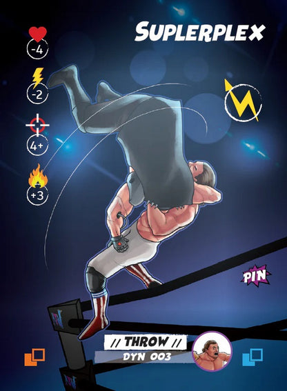 Illustrated wrestling game card showing a wrestler performing a "SUPLERPLEX" throw, lifting an opponent over the ring