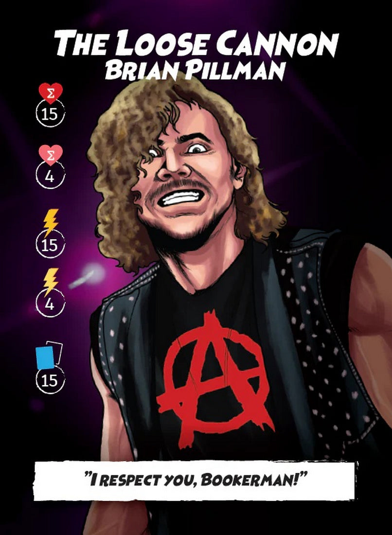Illustrated trading card of Brian Pillman ("The Loose Cannon") with an intense grimace, wearing an anarchy symbol shirt
