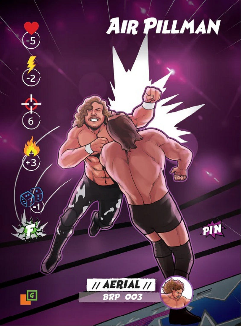 Illustrated wrestling card titled "Air Pillman" showing a wrestler striking an opponent, surrounded by game stats