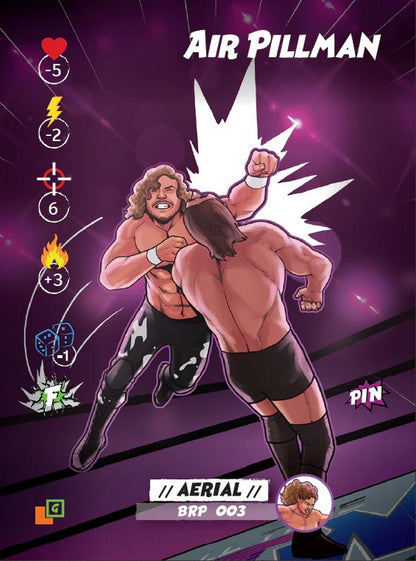 Illustrated wrestling card titled "Air Pillman" showing a wrestler striking an opponent, surrounded by game stats