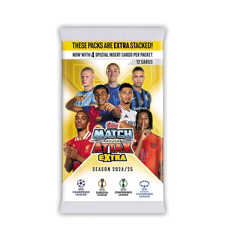 Sealed Topps Match Attax Extra 202425 trading card pack with multiple football player images