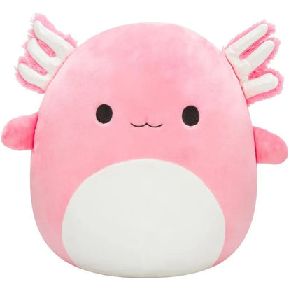 A soft, pink axolotl plush toy with a white belly and feathery gills