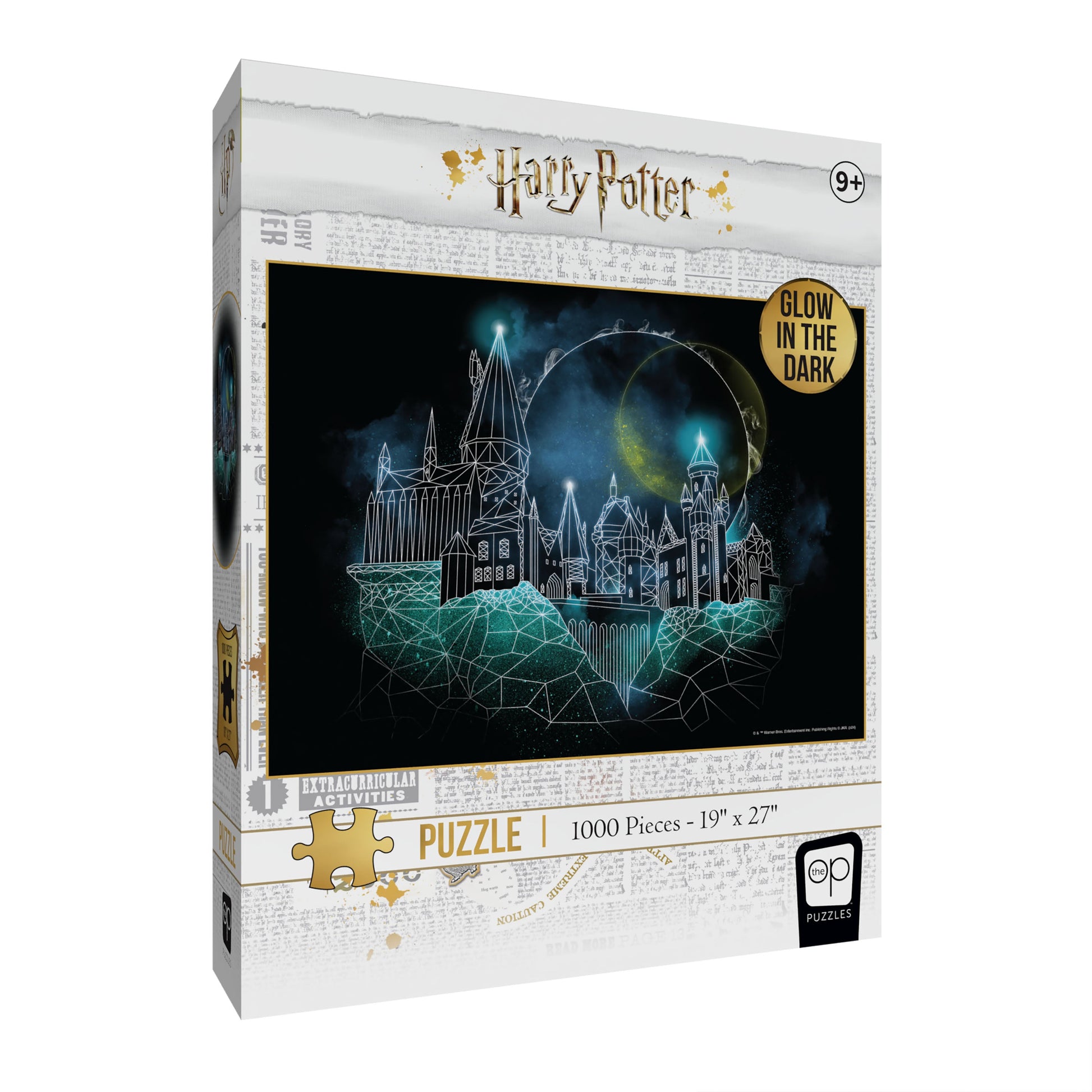 Harry Potter: Magic of Hogwarts Glow-in-the-Dark 1000-piece puzzle box featuring a blue glowing outline of Hogwarts Castle and moon