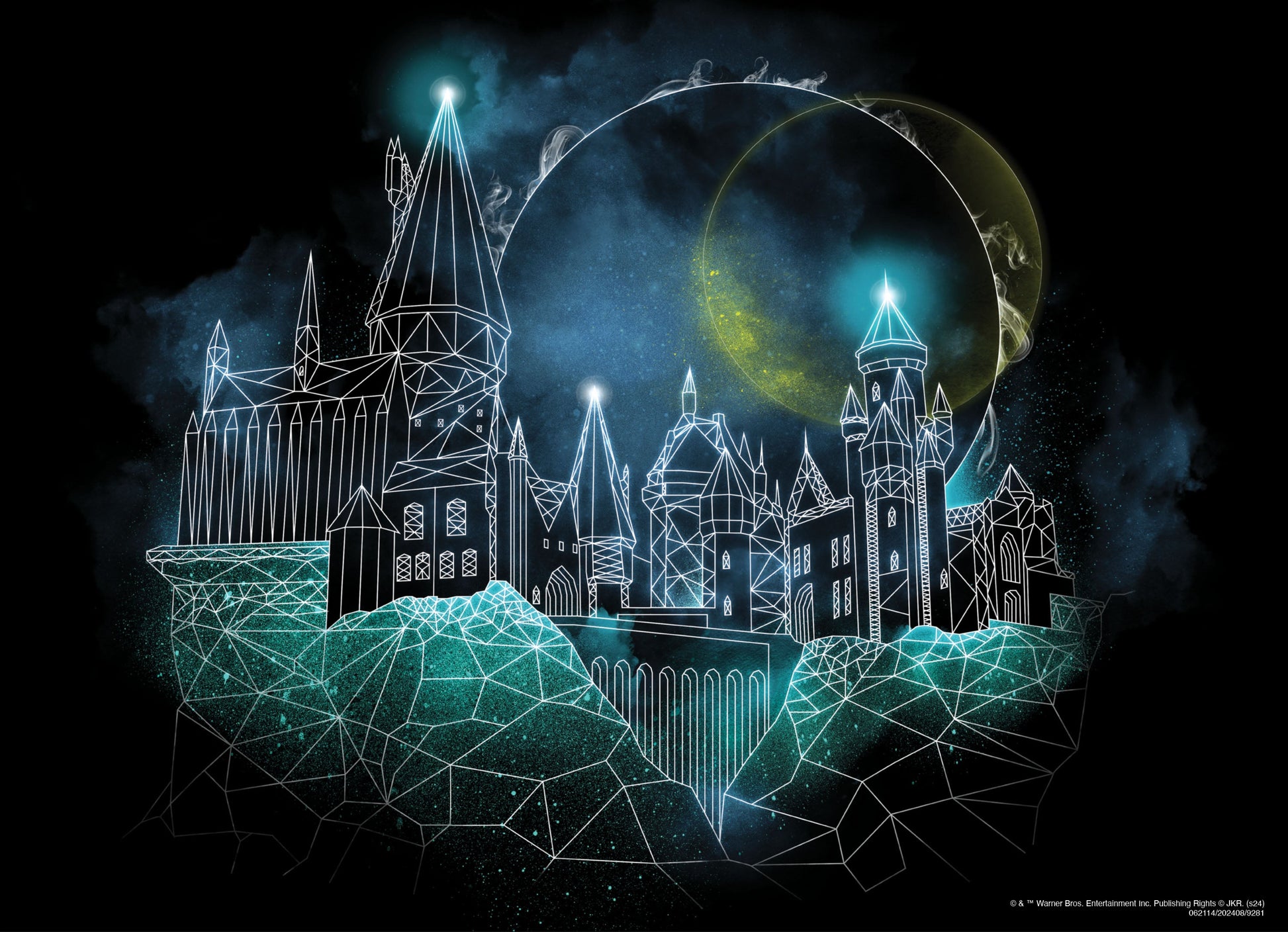 Geometric Hogwarts castle in white outlines, glowing blue, against a dark, cosmic background with a yellow ring