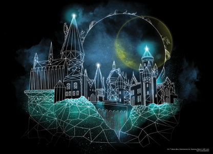 Geometric Hogwarts castle in white outlines, glowing blue, against a dark, cosmic background with a yellow ring