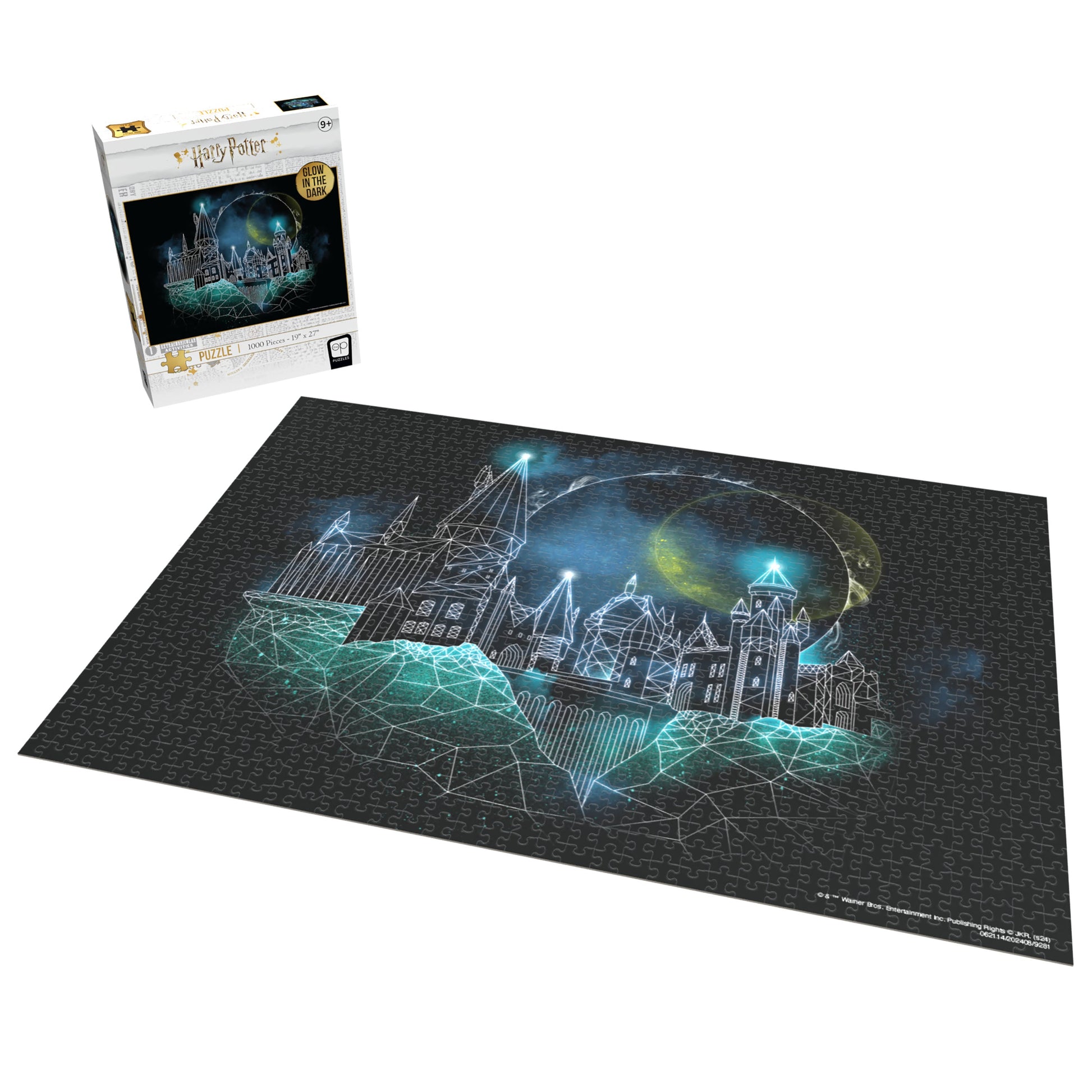 Harry Potter: Magic of Hogwarts Glow-in-the-Dark 1000-piece puzzle of a stylized Hogwarts Castle. Both the box and the completed puzzle are displayed