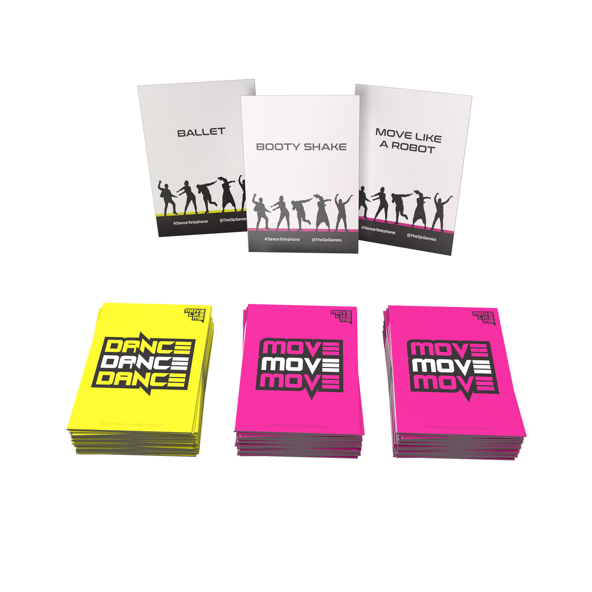 Three white cards titled BALLET BOOTY SHAKE and MOVE LIKE A ROBOT with dancing silhouettes plus three stacks of brightly colored Move Like Me card game cards yellow with DANCE DANCE DANCE and two pink with MOVE MOVE MOVE