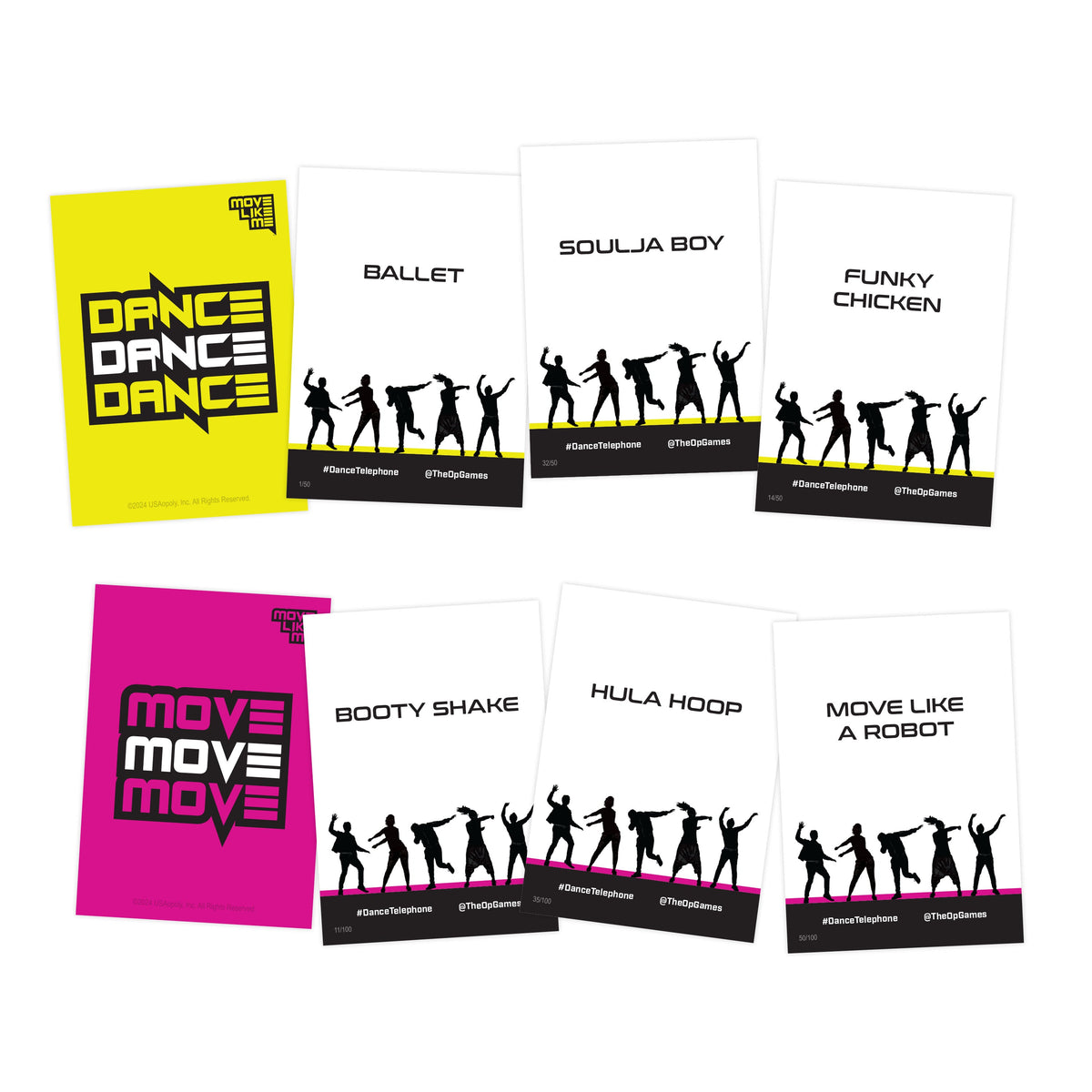 A group of cards from the Move Like Me dance card game showing different dance moves