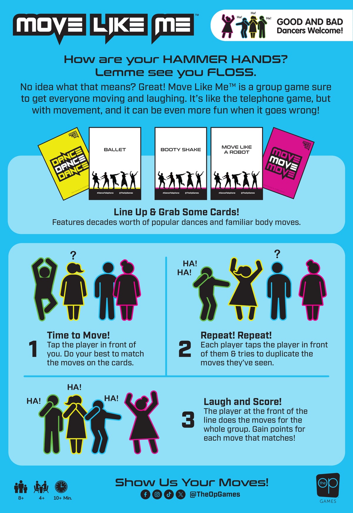 Move Like Me party game box with blue yellow pink and black design showing game premise and card examples