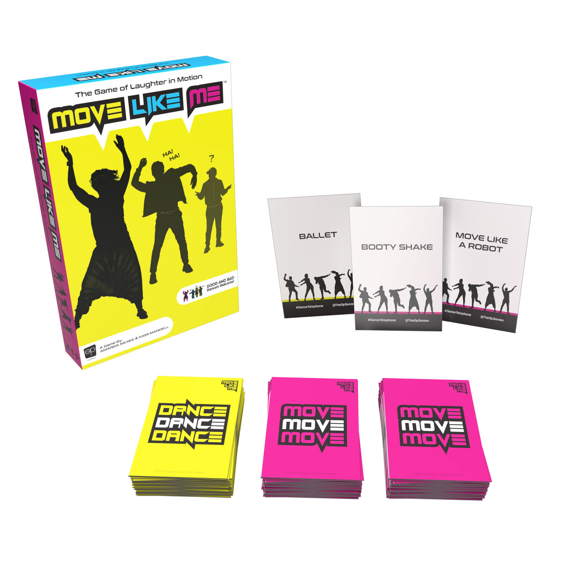 Move Like Me card game with pink yellow and white cards and the game box