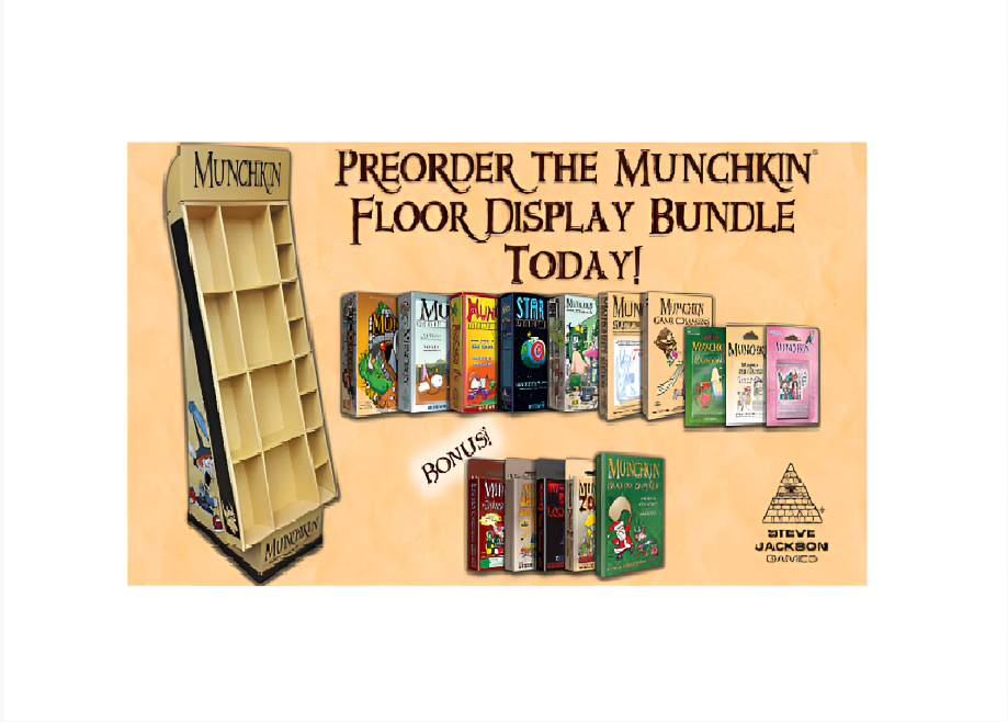 Munchkin Floor Display Bundle ad: empty cardboard stand, various game boxes, and "Preorder Today!" text