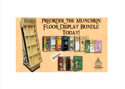 Munchkin Floor Display Bundle ad: empty cardboard stand, various game boxes, and "Preorder Today!" text