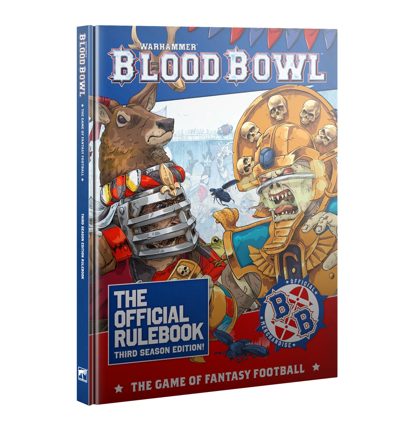 Warhammer Blood Bowl Third Season Rulebook cover featuring an armored stag and a skull-helmeted monster facing off