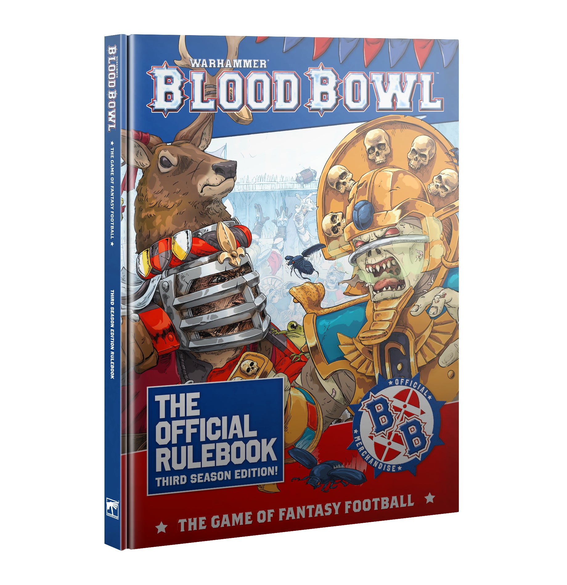 Warhammer Blood Bowl Third Season Rulebook cover featuring an armored stag and a skull-helmeted monster facing off