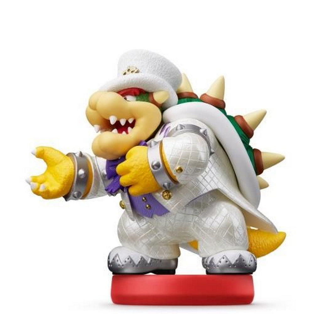 Bowser wearing a white wedding tuxedo and top hat, with his right arm outstretched, standing on a red base