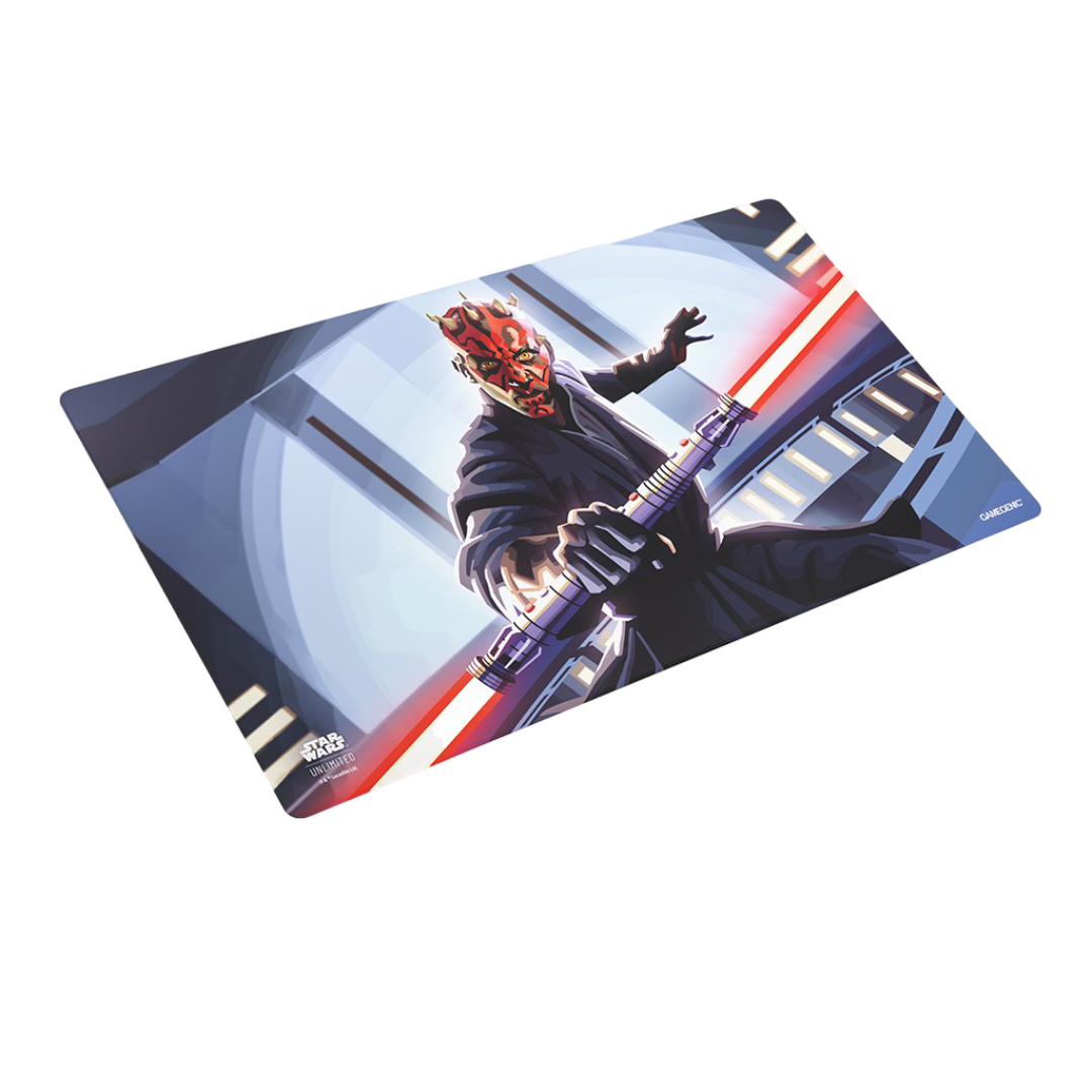A Star Wars Unlimited playmat featuring Darth Maul in a dynamic pose with his ignited double-bladed red lightsaber