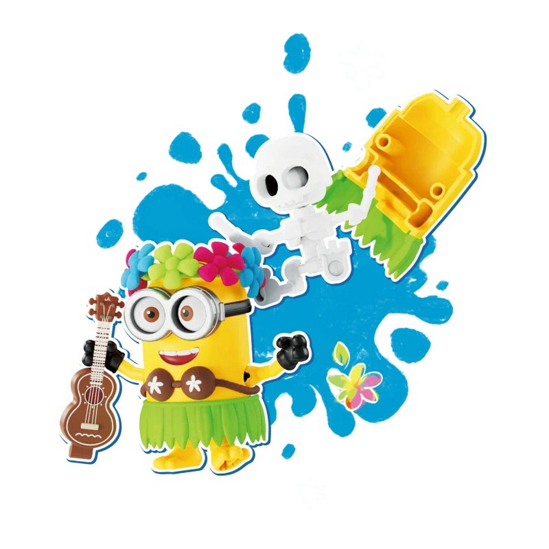 Hula Minion toy holding a ukulele, as a skeleton figure swings a giant yellow paint roller on blue paint