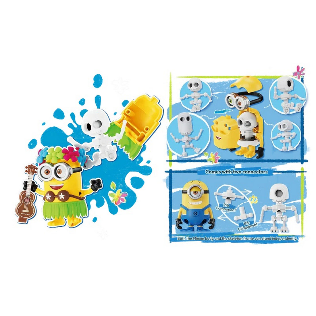 Minion toy graphic: Hula-dressed Minion with ukulele, splashing water, shown next to its customizable skeleton frame parts
