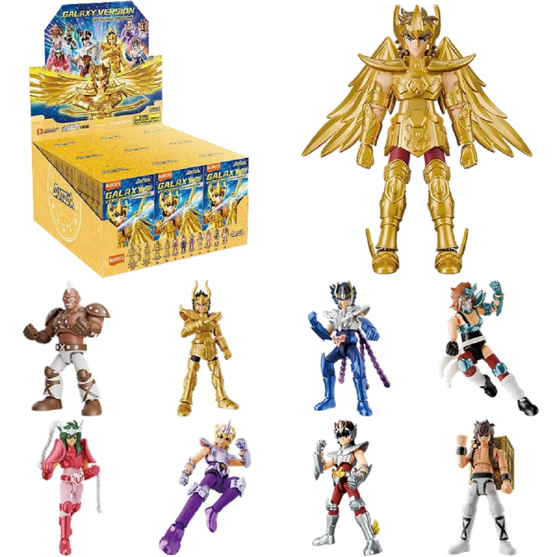 Eight Saint Seiya collectible figures (mini-figures) and a "Galaxy Version" retail display box