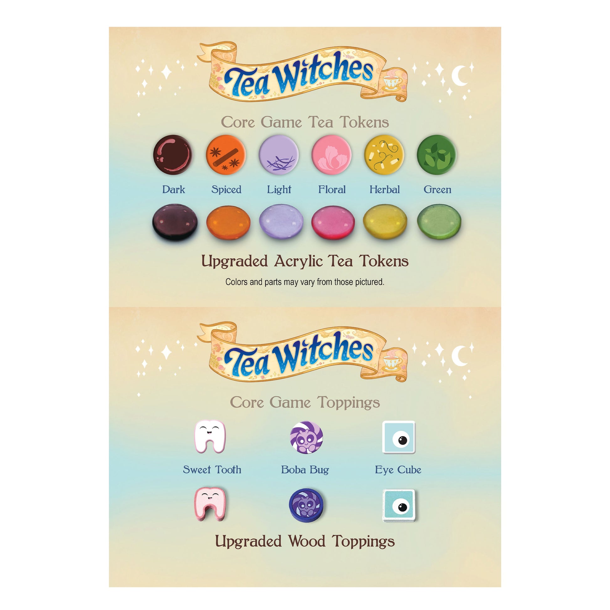 Chart showing core and upgraded Tea Witches game pieces: six colored tea tokens (acrylic) and three unique toppings (wood)