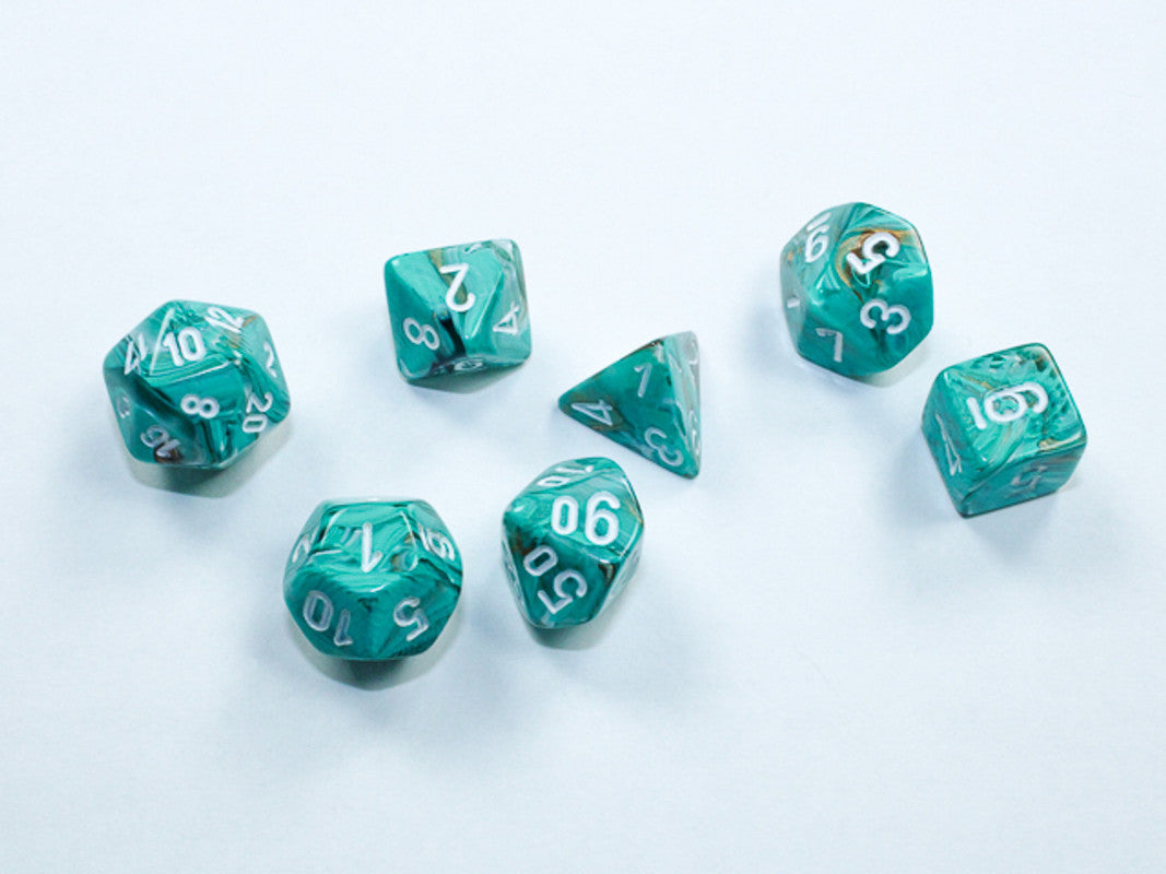 Seven teal marbled polyhedral dice with white numbers scattered on a colour background