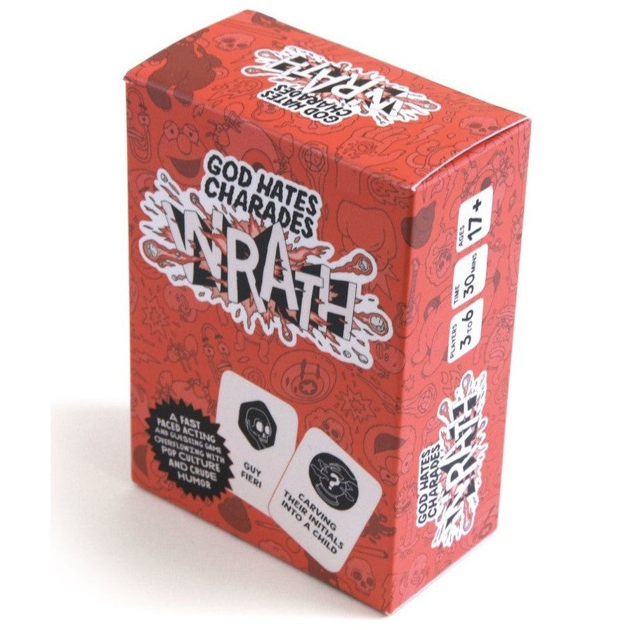 Red "God Hates Charades In Wrath" adult party game box, details show 17+ age rating and explicit humor examples like "Guy Fieri" and "Carving their initials into a child"
