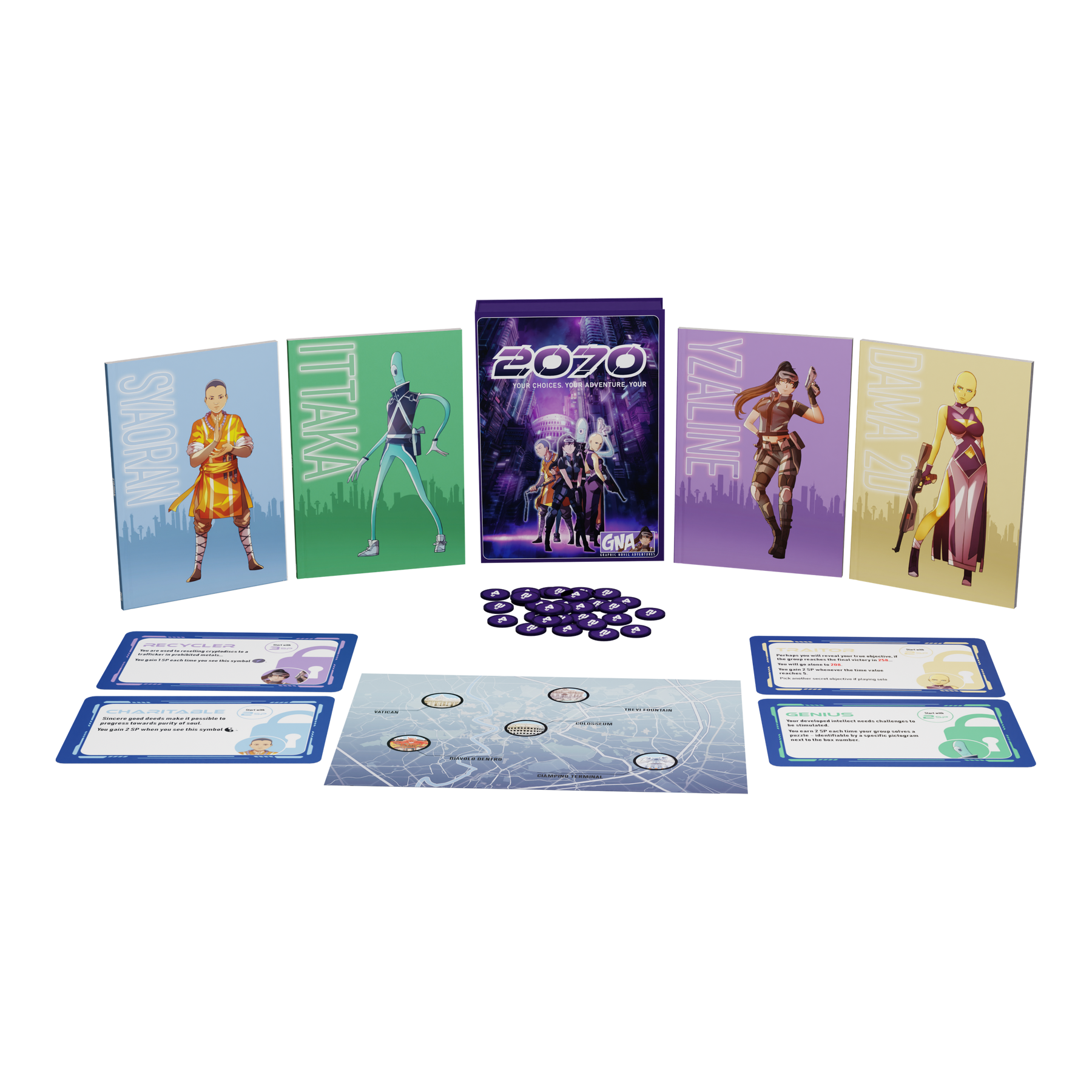 A 2070 board game laid out: purple box, five character cards, detailed city map, purple tokens, and various game cards