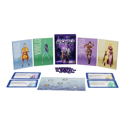 A 2070 board game laid out: purple box, five character cards, detailed city map, purple tokens, and various game cards